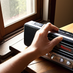 **

A person happily unpacking a portable radio, perhaps near a window. The radio is in focus, displaying a strong signal indicator. Emphasize the "Scan" or "Auto Tune" button being pressed. The scene should evoke a sense of excitement and discovery, like finding favorite radio stations easily. The setting could be a cozy room with sunlight streaming in.

**