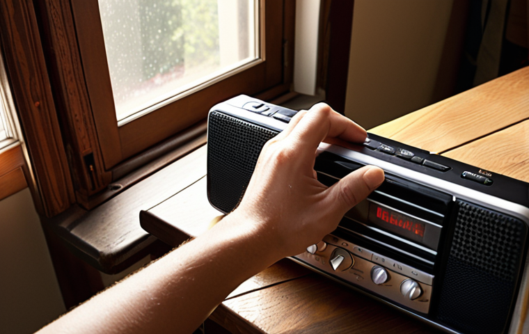 **
A person happily unpacking a portable radio, perhaps near a window. The radio is in focus, displaying a strong signal indicator. Emphasize the "Scan" or "Auto Tune" button being pressed. The scene should evoke a sense of excitement and discovery, like finding favorite radio stations easily. The setting could be a cozy room with sunlight streaming in.
**