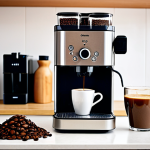 **

> A slightly worn coffee machine being descaled in a bright, modern kitchen. Focus on the cleaning process with visible descaling solution and a cloth.  Make sure there are coffee beans or a coffee mug present to emphasize coffee making.

**