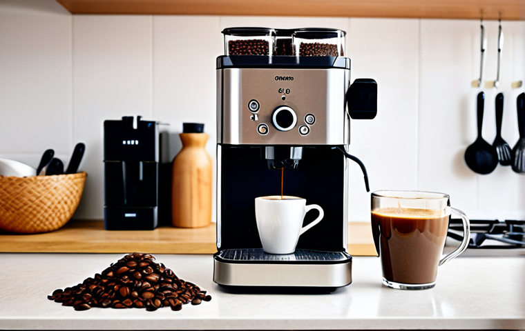 **

> A slightly worn coffee machine being descaled in a bright, modern kitchen. Focus on the cleaning process with visible descaling solution and a cloth.  Make sure there are coffee beans or a coffee mug present to emphasize coffee making.

**